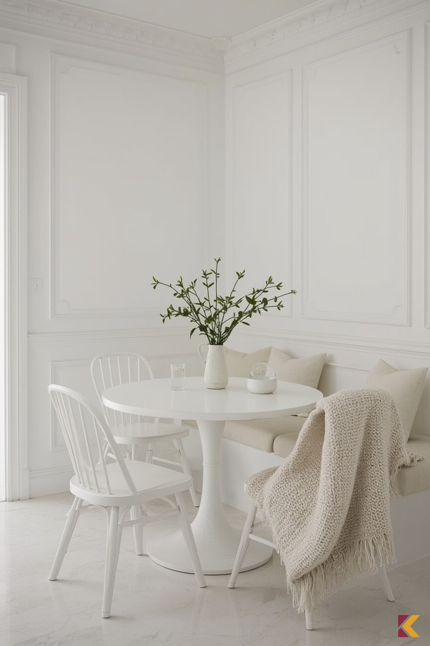 Jadalnia, biały stolik, krzesła i ściana