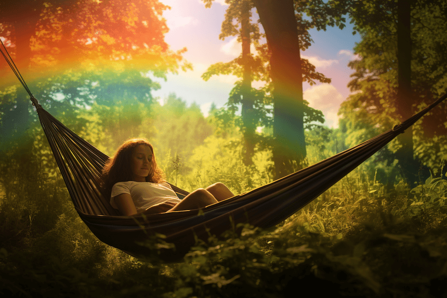 kobieta śpiąca w hamaku, w lesie, w tle tęcza