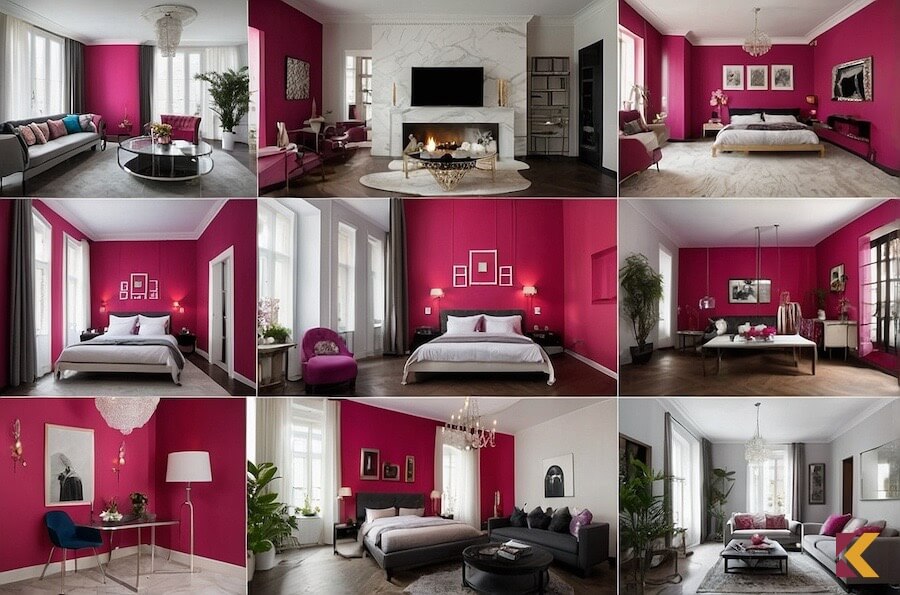 Kolaż zdjęć z wykorzystaniem fuksji w wnętrzach