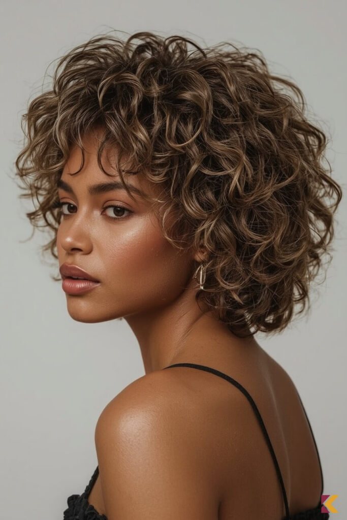 Kręcone brązowe włosy z popielatymi refleksami