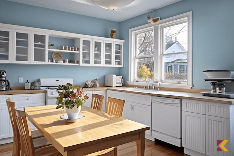 białe meble w kuchni, drewniany stół, krzesła i blat, błękitne ściany