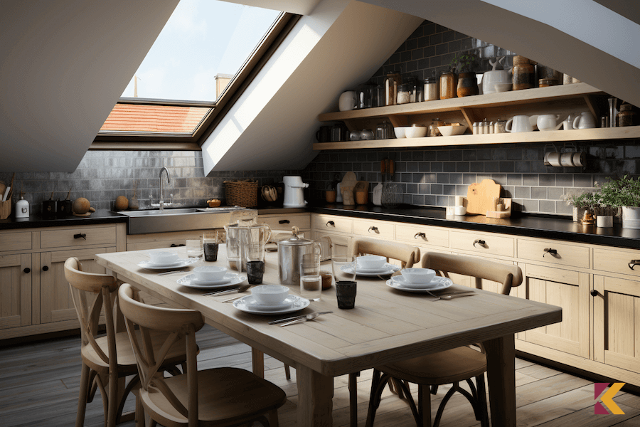 Kuchnia, drewniane meble, szare płytki i biały sufit