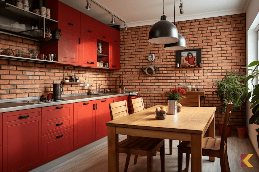 Kuchnia, czerwone fronty mebli, ściany w kolorze białym z czerwoną cegłą 