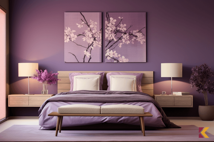 Nowoczesna, minimalistyczna sypialnia w lawendowymi ścianami