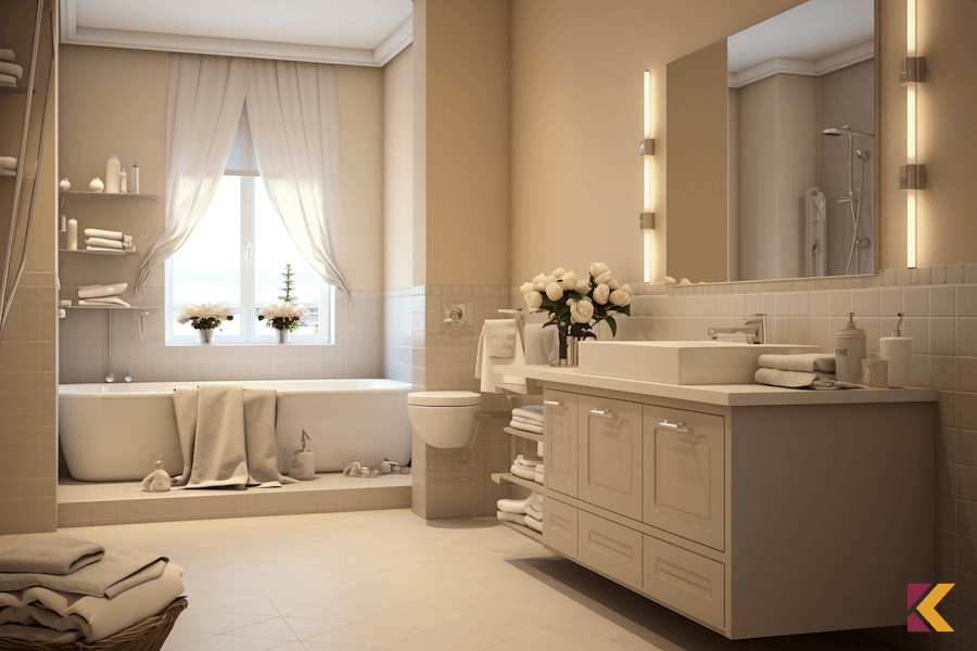 Łazienka z beżowymi ścianami, wyposażenie w kolorze biały i ivory