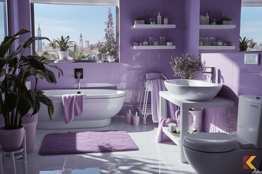 Łazienka w kolorach białym i fioletowym