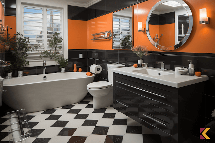 Łazienka w kolorach: biały, czarny, pomarańczowy