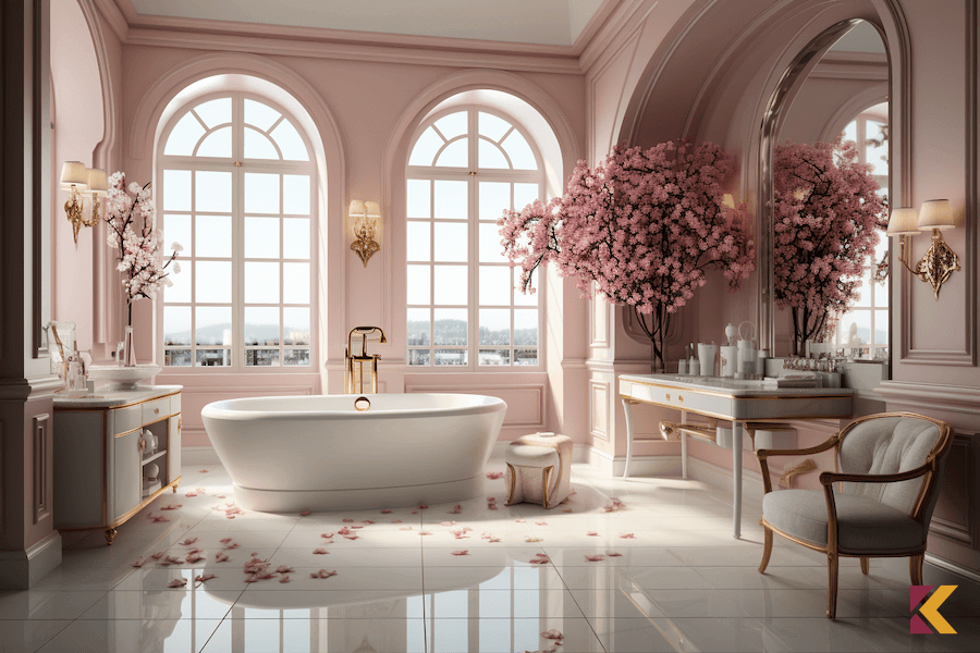 Łazienka glamour w kolorach: biały, złoto, pudrowy róż