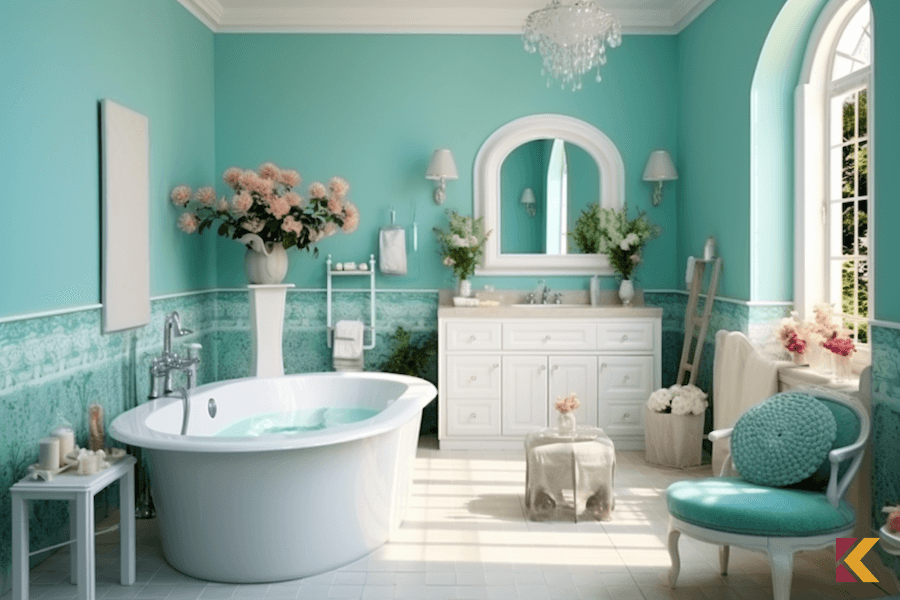 Łazienka w stylu prowansalskim z białymi meblami i turkusowymi ścianami