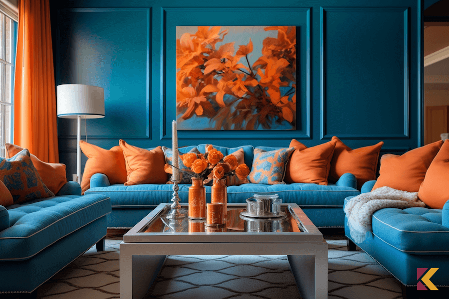 Wnętrze w kolorach komplementarnych: niebieskie ściany i kanapy, pomarańczowe poduszki, zasłony i dodatki