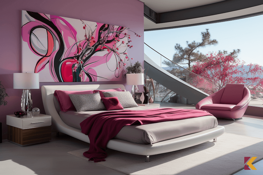 Nowoczesna sypialnia w nasyconych odcieniach różu