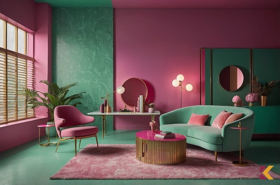 Nowoczesne wnętrze w kolorach fuksja i miętowy