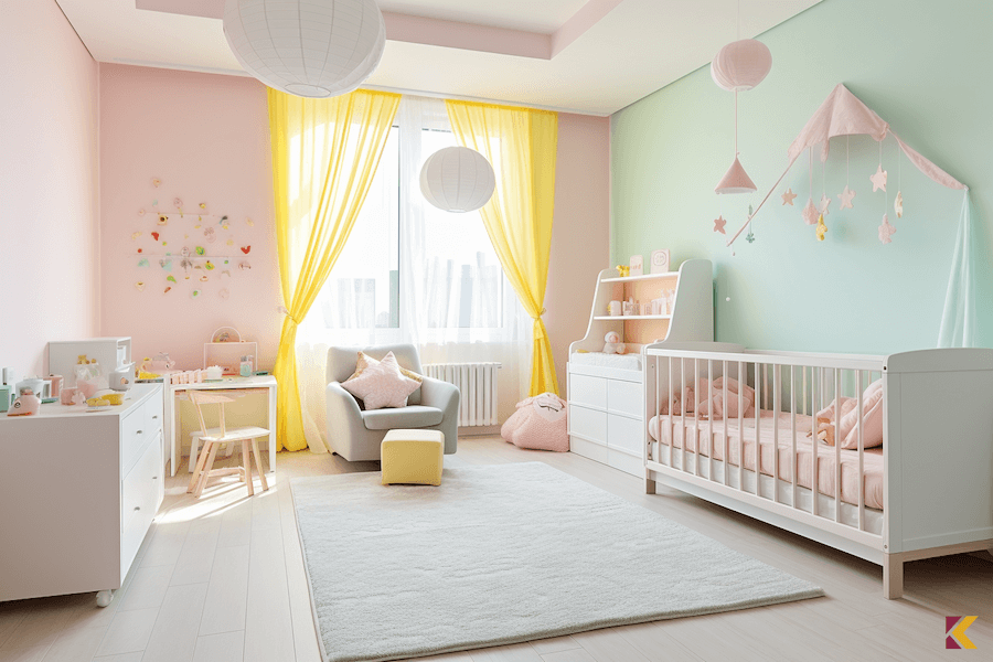 Pokój dla niemowląt, ściany w kolorach pastelowy róż oraz miętowy