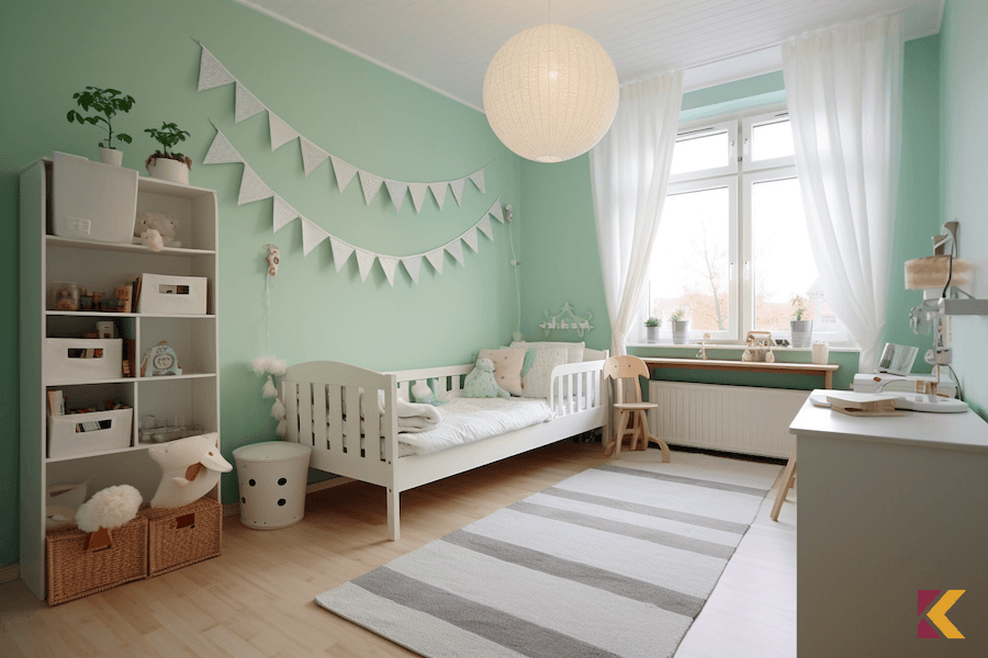 Pokój dziecięcy, białe meble i miętowe ściany
