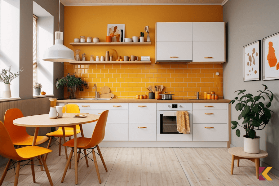 Pomarańczowe i szare ściany w kuchni