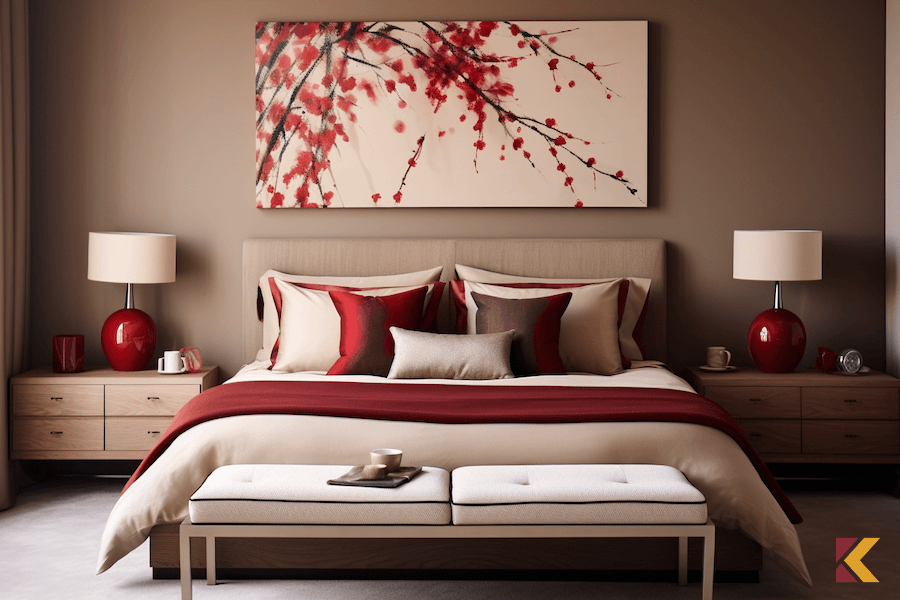 Beżowe ściany w sypialni w połączeni z wyposażeniem w kolorach, kremowym, czerwonym oraz akcentami brązu