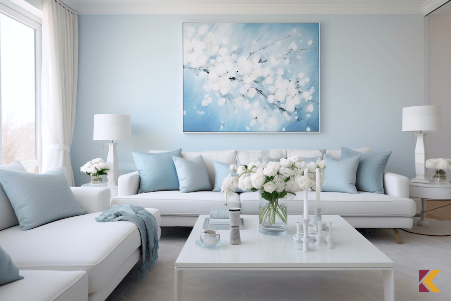 Salon białe meble, błękitna ściana i dodatki