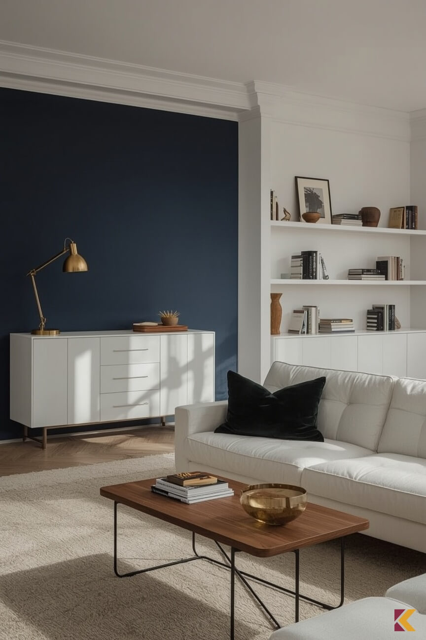Salon, białe meble i granatowa ściana akcentowa