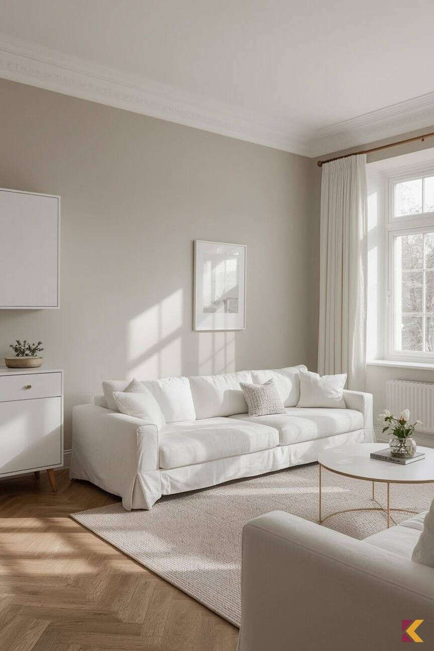 Salon, białe meble, ściany w kolorze greige beż