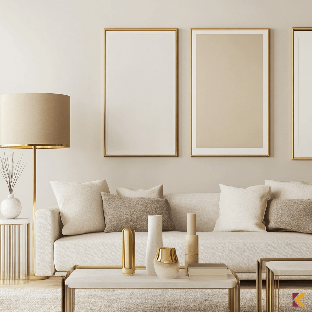Salon w odcieniach bieli i beżu, złote dodatki