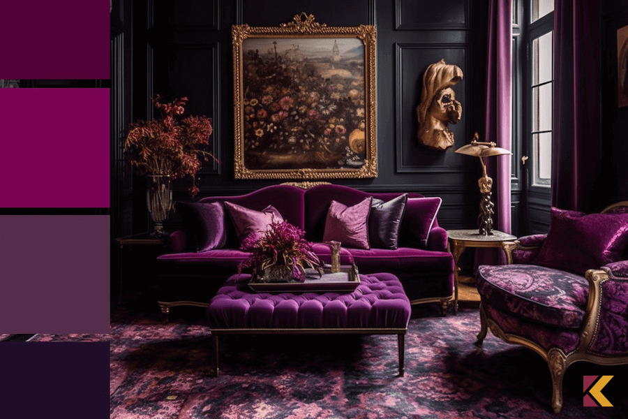 Salon w kolorach: czarny i ciemna paleta odcieni fioletu