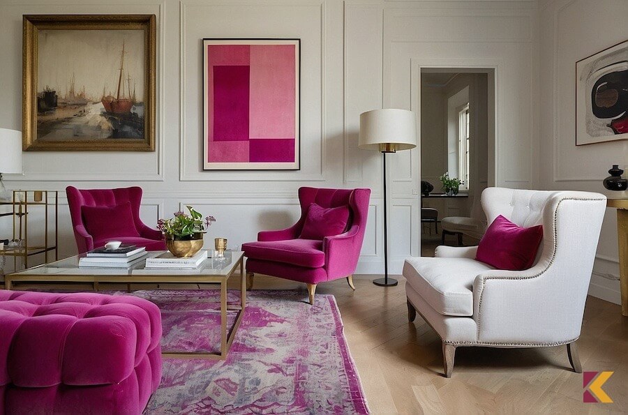 Salon w kolorystyce: fuksja, biel, złoto