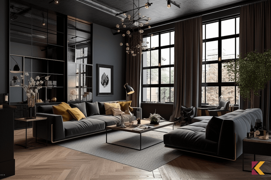 Salon loftowy z czarnymi ścianami