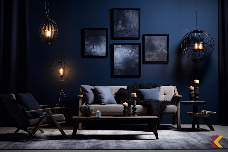 Ciemny salon, ściany w kolorze midnight blue