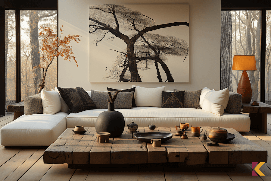 Salon w styli wabi sabi, drewniane elementy wyposażenia, sofa i ściany w odcieniach bieli