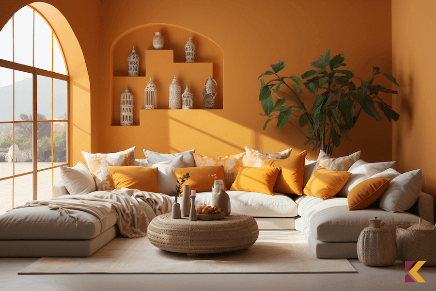 Salon w dodatkami i ścianami w odcieniach pomarańczowego