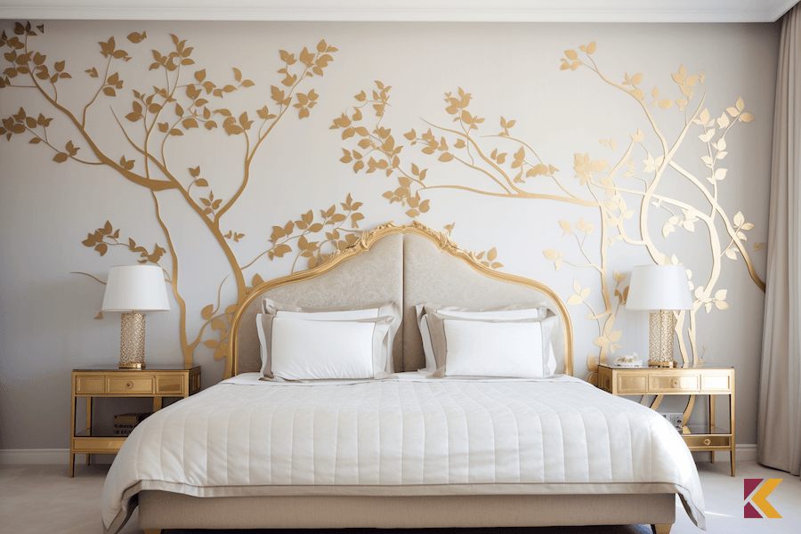 Sypialnia w kolorach biały i beżowy, złota dekoracja na ścianie w kształcie drzewa
