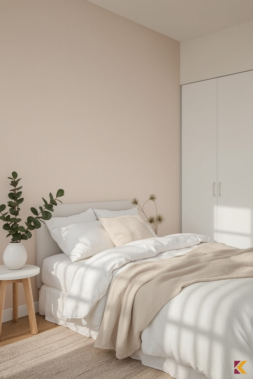 Sypialnia, biała szafa i łóżko na tle pudrowo-różowej ściany