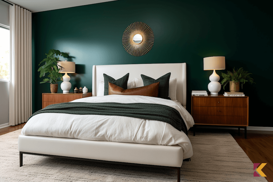 Sypialnia z białym łóżkiem i główną ścianą w kolorze butelkowa zieleń