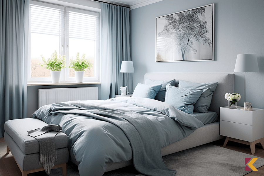 Błękitne ściany, zasłony i pościel w sypialni, białe i szare dodatki
