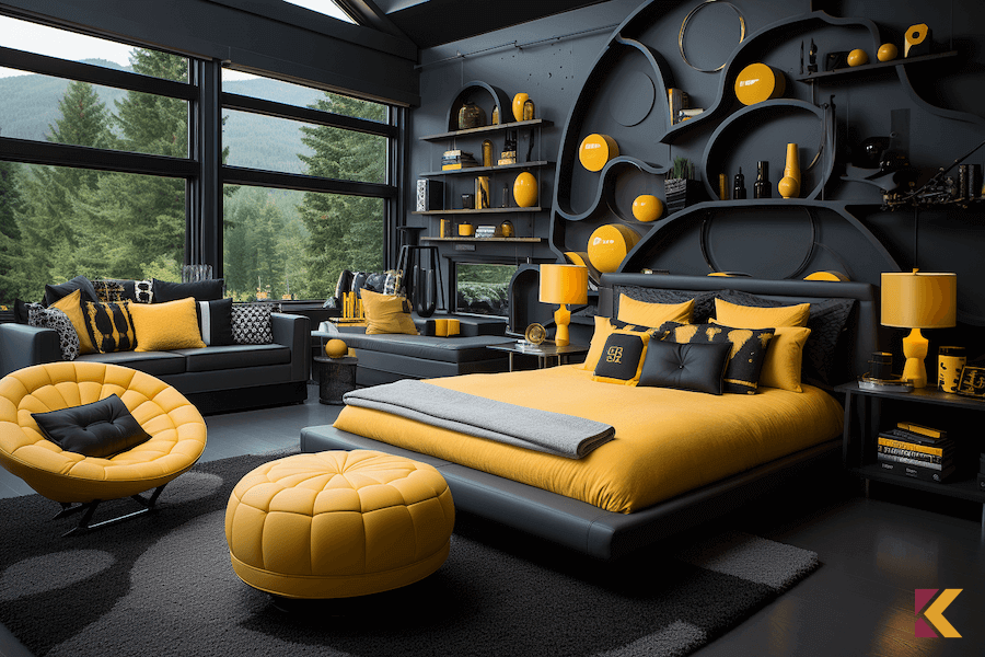 Sypialnia w połączeniu koloru czarnego i złocistego