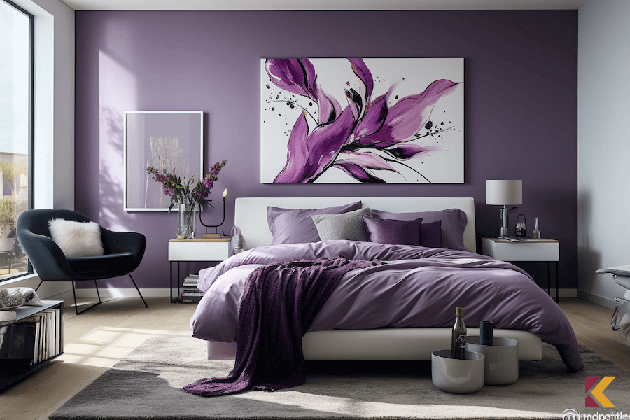 Sypialnia, ściany i dodatki w kolorze lawendowym