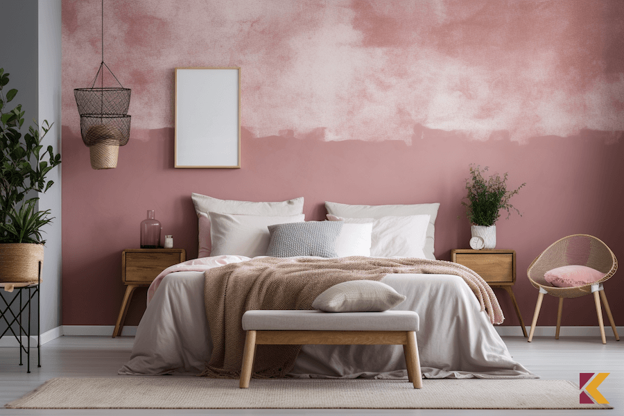 Sypialnia ze ścianką w kolorze pudrowy róż