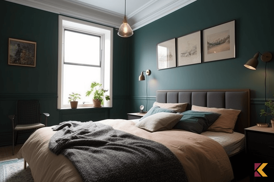 Sypialnia ze ścianami w kolorze butelkowa zieleń