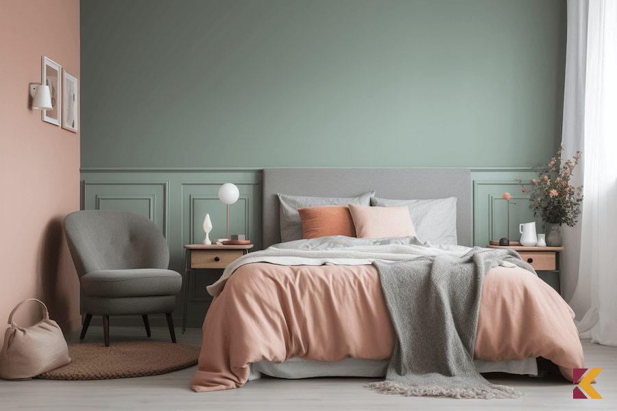Sypialnia w kolorach: szałwiowy, pudrowy róż, odcienie szarości