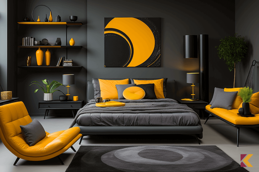 Sypialnia w kolorach: czarny, szarości, ciemne odcienie żółtego