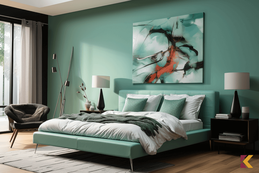 Sypialnia w jasnym odcieniu koloru jadeitowego