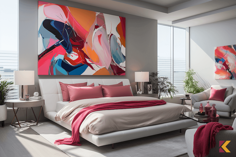 Sypialnia w odcieniach szarości z dodatkami w kolorze indysjkiego różu
