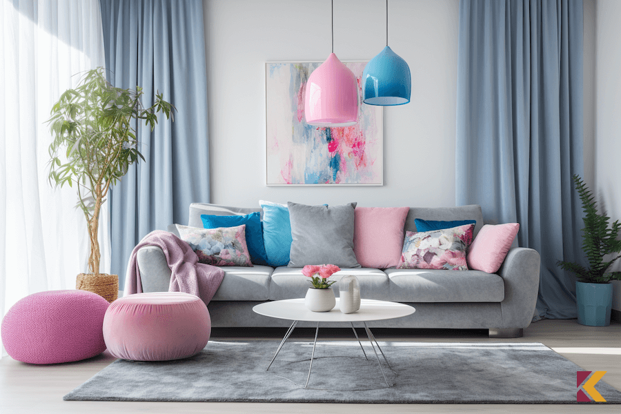 Jasno szara kanapa w salonie, zasłony i poduszki w pastelowych kolorach różu i niebieskiego