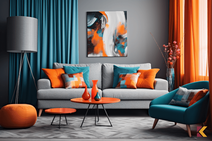 Szara kanapa i ściana, zasłony, poduszki i dodatki w kolorze turkusowym i pomarańczowym