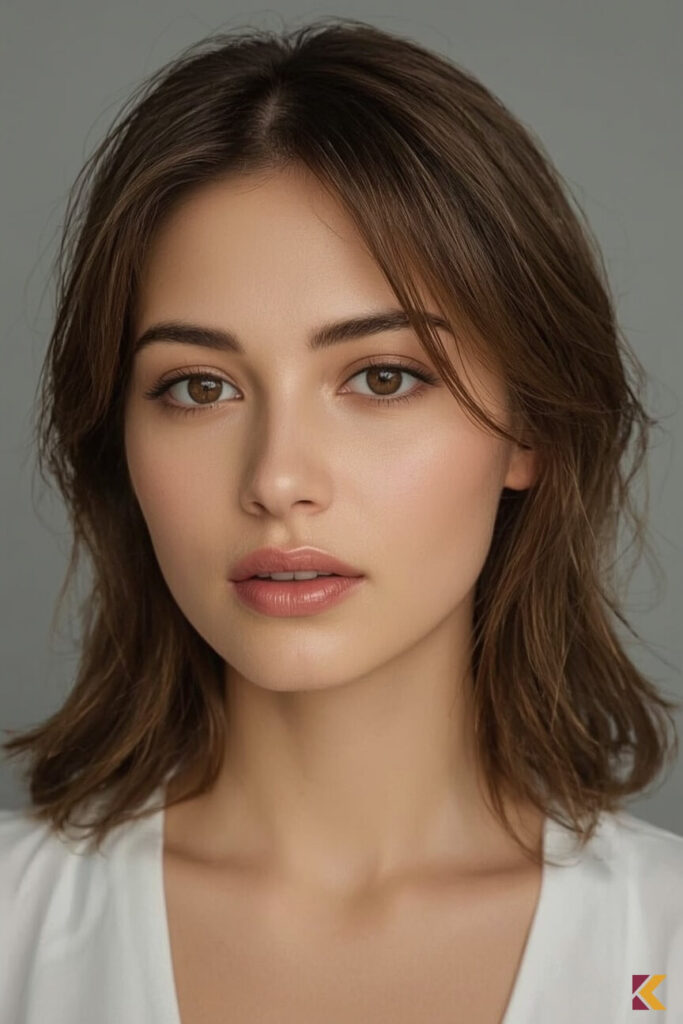 Szatynka, włosy do ramion ciemny brąz