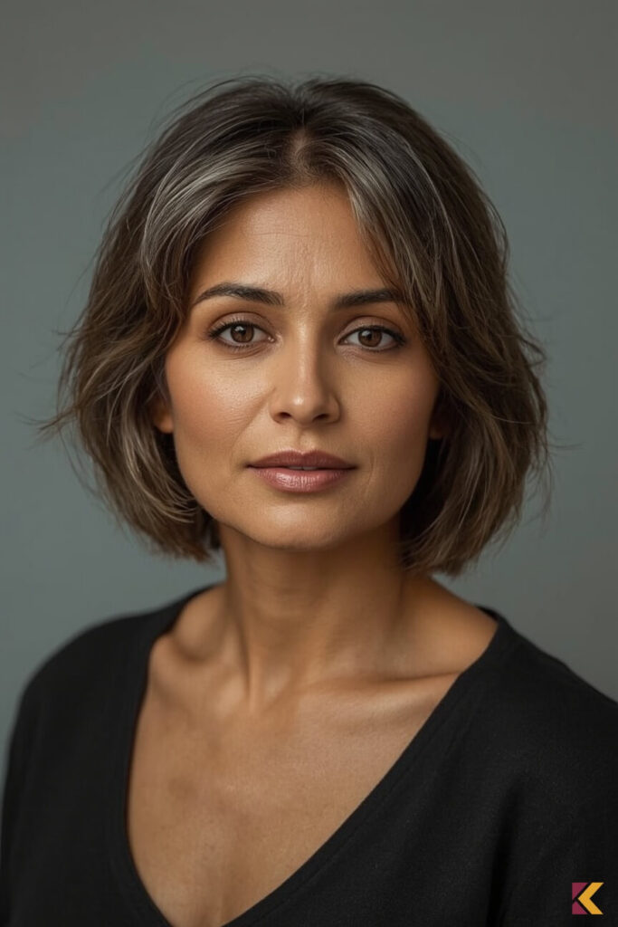 Szatynka z siwymi refleksami, krótkie włosy