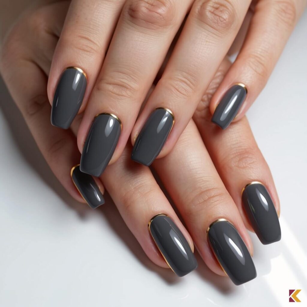 Antracytowe paznokcie ze złotą obwódką