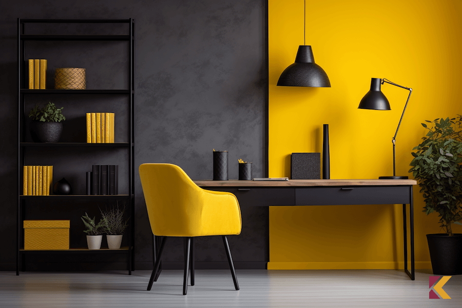 Biuro, ściana w kolorze żółtym i ciemnoszarym