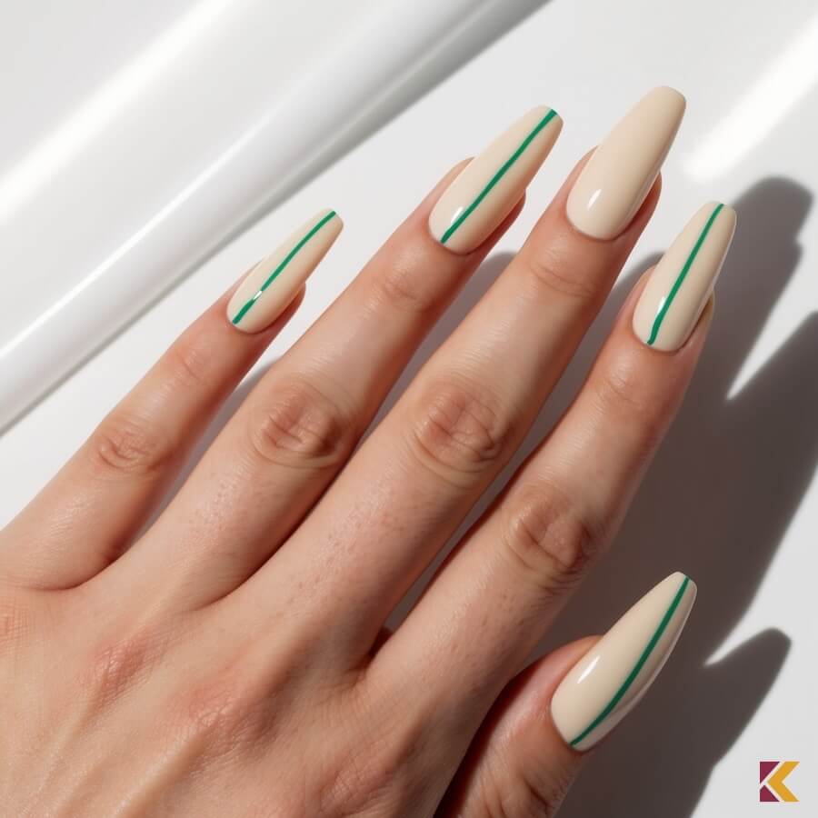 Długie paznokcie ecru, zielone linie