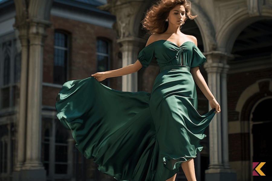 Kobieta w sukience koloru butelkowa zieleń